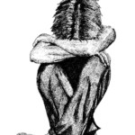 Sedící schoulený chlapec - černobílá kresba